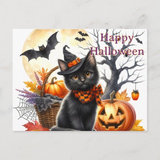 Carte Postale Chat noir d'Halloween (Devant)