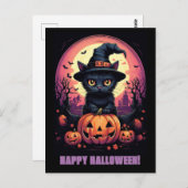 Carte Postale Chat Noir d'Halloween avec Citrouille et Chapeau d (Devant / Derrière)