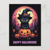 Carte Postale Chat Noir d'Halloween avec Citrouille et Chapeau d (Devant)