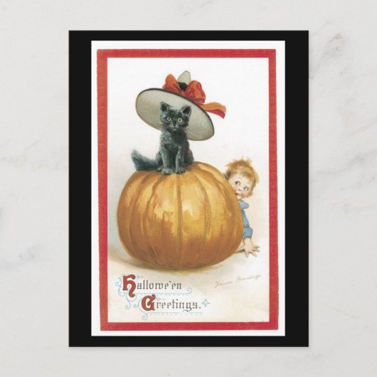 Carte Postale Chat noir d'Halloween et Citrouille (Devant)