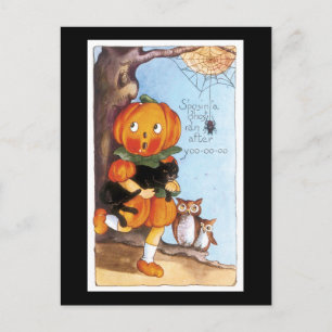 Carte Postale Chat noir d'Halloween et fille Citrouille