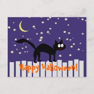 Carte Postale Chat noir d'Halloween sur clôture