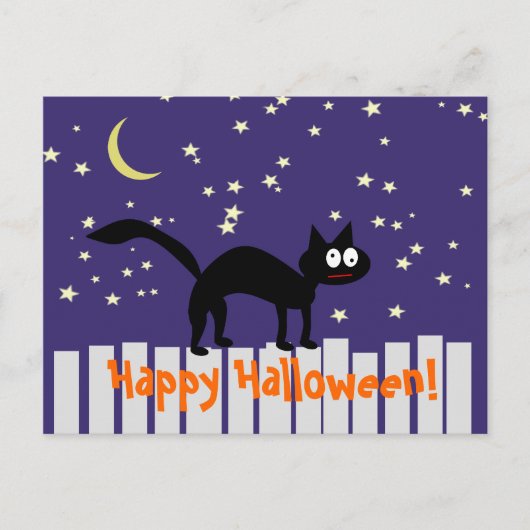 Carte Postale Chat noir d'Halloween sur clôture (Devant)