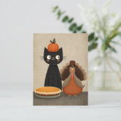 Carte Postale Chat noir, dinde et tarte au potiron Joyeux Thanks (Debout devant)