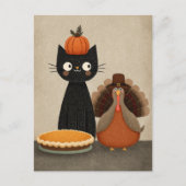 Carte Postale Chat noir, dinde et tarte au potiron Joyeux Thanks (Devant)