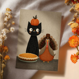 Carte Postale Chat noir, dinde et tarte au potiron Mignon Thanks