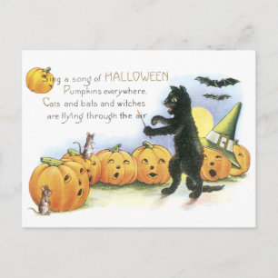 Carte Postale Chat noir dirigeant la chorale de citrouilles de H