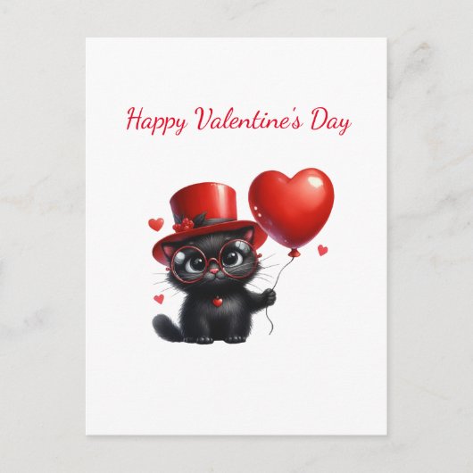 Carte Postale Chat noir drôle avec ballons Saint-Valentin (Devant)