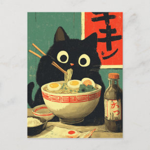 Carte Postale Chat noir drôle mangeant du Ramen