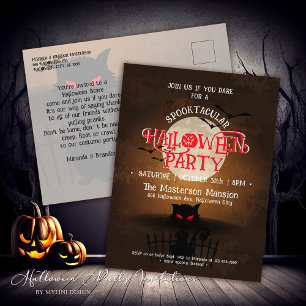 Carte Postale Chat noir effrayant chauves-souris et pleine lune 