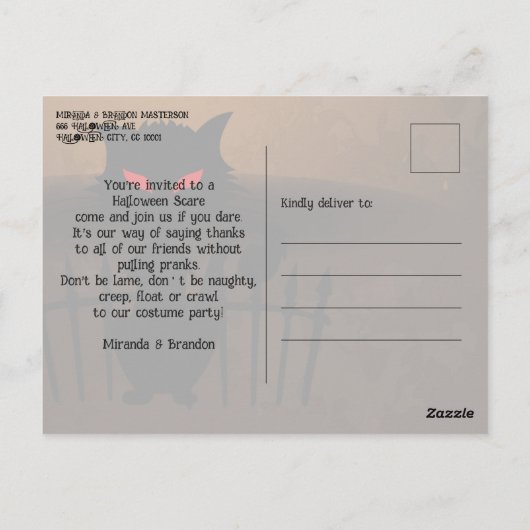 Carte Postale Chat noir effrayant chauves-souris et pleine lune (Dos)