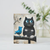 Carte Postale Chat noir effrayé et oiseau bleu sur la branche (Debout devant)