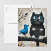 Carte Postale Chat noir effrayé et oiseau bleu sur une branche (Devant / Derrière)