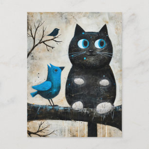 Carte Postale Chat noir effrayé et oiseau bleu sur une branche