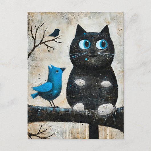 Carte Postale Chat noir effrayé et oiseau bleu sur une branche (Devant)