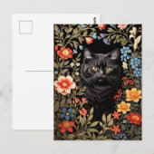 Carte Postale Chat Noir Élégant Fleurs Colorées (Devant / Derrière)