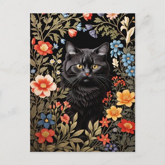 Carte Postale Chat Noir Élégant Fleurs Colorées (Devant)