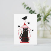 Carte Postale chat noir en cage à oiseaux (Debout devant)