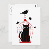 Carte Postale chat noir en cage à oiseaux (Devant / Derrière)