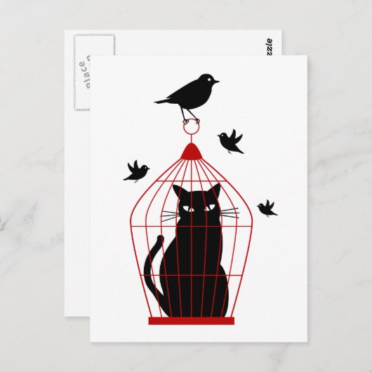 Carte Postale chat noir en cage à oiseaux (Devant / Derrière)