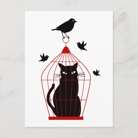 Carte Postale chat noir en cage à oiseaux (Devant)
