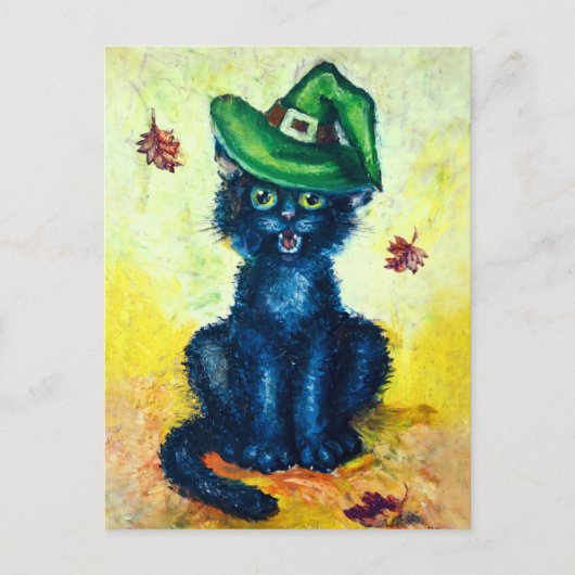 Carte Postale Chat noir en casquette sorcier (Devant)