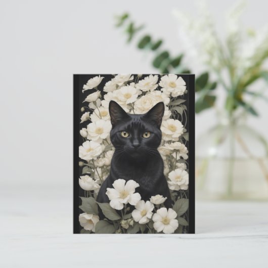 Carte Postale chat noir en fleurs blanches (Debout devant)