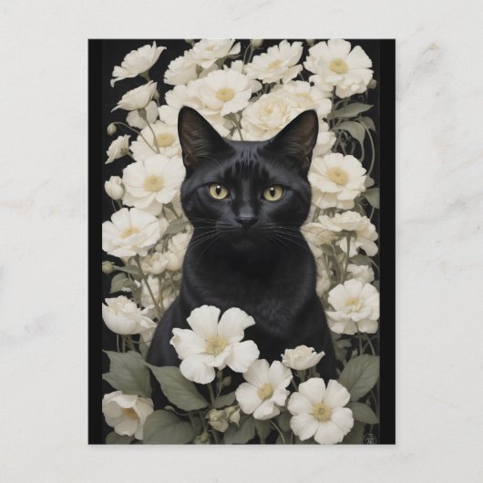 Carte Postale chat noir en fleurs blanches (Devant)