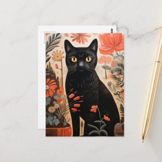 Carte Postale Chat noir en Plante (Devant/Arrière en situation)