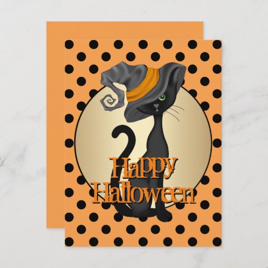Carte Postale Chat noir en sorcière Casquette Halloween heureux (Devant / Derrière)
