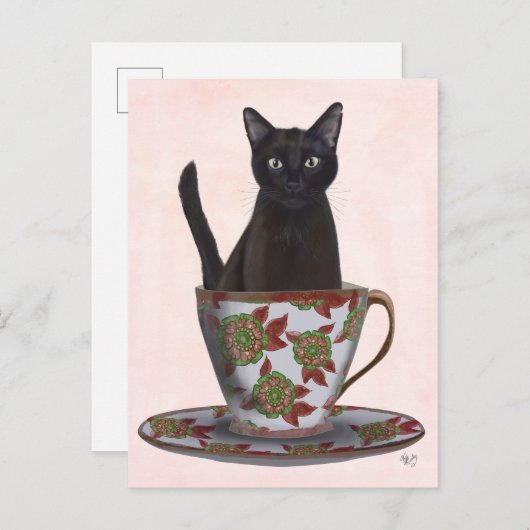 Carte Postale Chat noir en Teacup (Devant / Derrière)