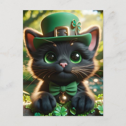 Carte Postale Chat noir en vert St. Patrick's Day Attire (Devant)