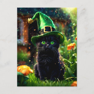 Carte Postale Chat noir en vert St. Patrick's Day sorch Casquett