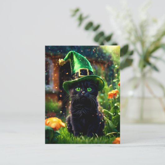 Carte Postale Chat noir en vert St. Patrick's Day sorch Casquett (Debout devant)