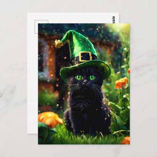 Carte Postale Chat noir en vert St. Patrick's Day sorch Casquett (Devant / Derrière)