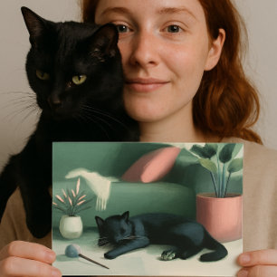 Carte Postale Chat noir endormi / Rêves d'herbe à chat