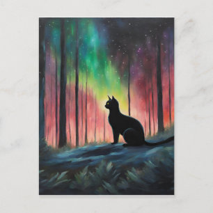 Carte Postale Chat noir et aurores boréales