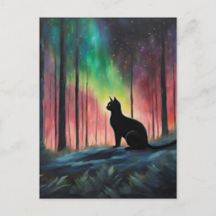 Carte Postale Chat noir et aurores boréales