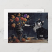 Carte Postale Chat noir et blanc assommant le vase de table (Devant / Derrière)