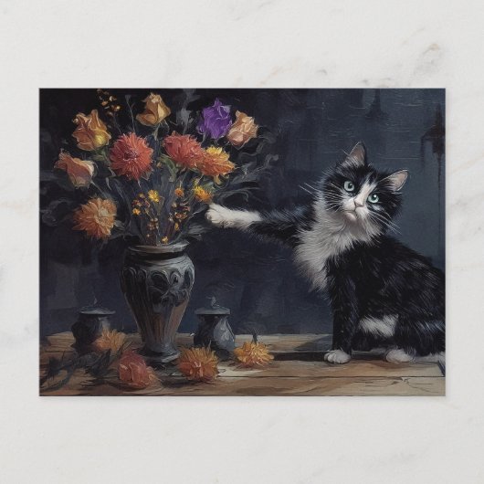 Carte Postale Chat noir et blanc assommant le vase de table (Devant)