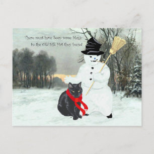 Carte Postale Chat noir et bonhomme de neige