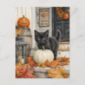Carte Postale Chat noir et citrouille | Joyeux Halloween (Devant)