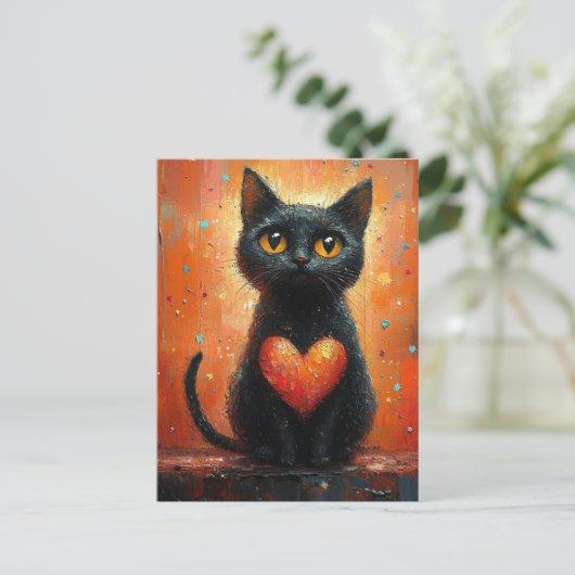 Carte Postale Chat noir et coeur (Debout devant)
