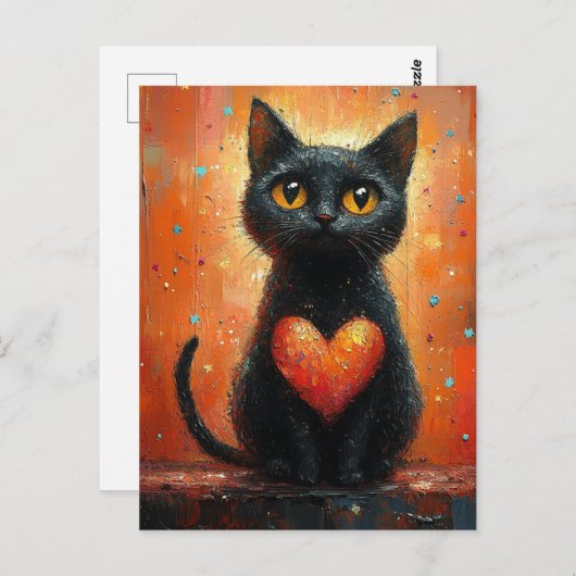 Carte Postale Chat noir et coeur (Devant / Derrière)