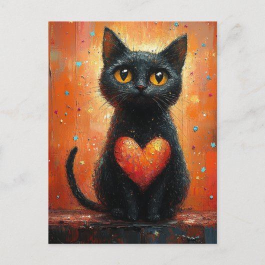Carte Postale Chat noir et coeur (Devant)