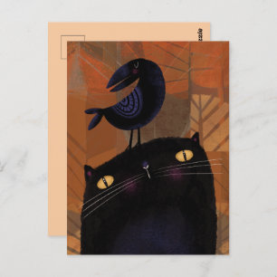 Carte Postale Chat noir et corbeau