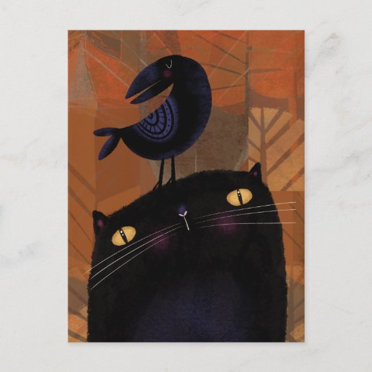 Carte Postale Chat noir et corbeau (Devant)