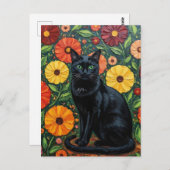 Carte Postale Chat noir et fleurs d'art populaire colorées (Devant / Derrière)