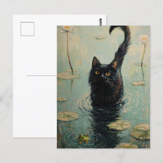Carte Postale Chat noir et grenouille dans l'étang Lily