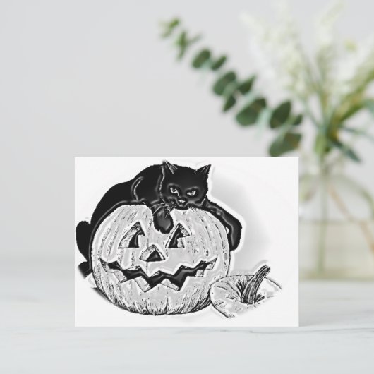 Carte Postale Chat noir et Halloween Citrouille Éffrayant (Debout devant)